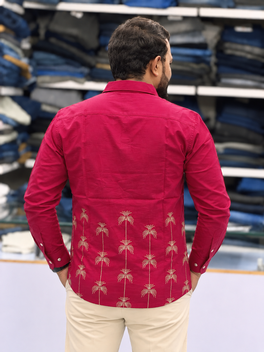 Men’s Wine Pink Palm Tree Embroidered Kurta | Contemporary Festive Wear for Men