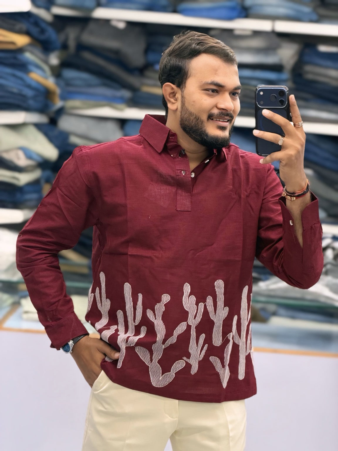 Men’s Wine Maroon Cactus Art Embroidered Kurta | Contemporary Designer Ethnic Shirt
