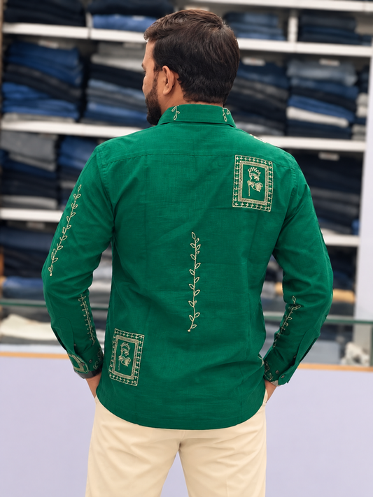 Men's Premium Green Embroidered Kurta Shirt | Stylish Ethnic Wear for Men