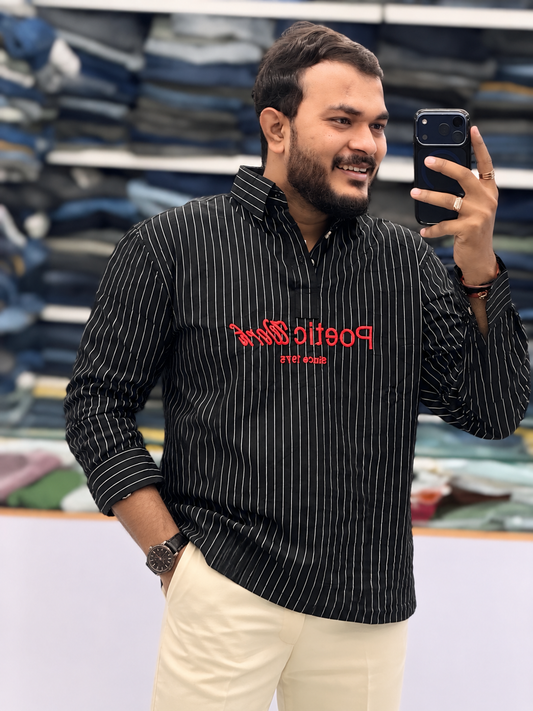 Men's Black Striped Kurta Shirt – Stylish Full Sleeve Ethnic Casual Wear