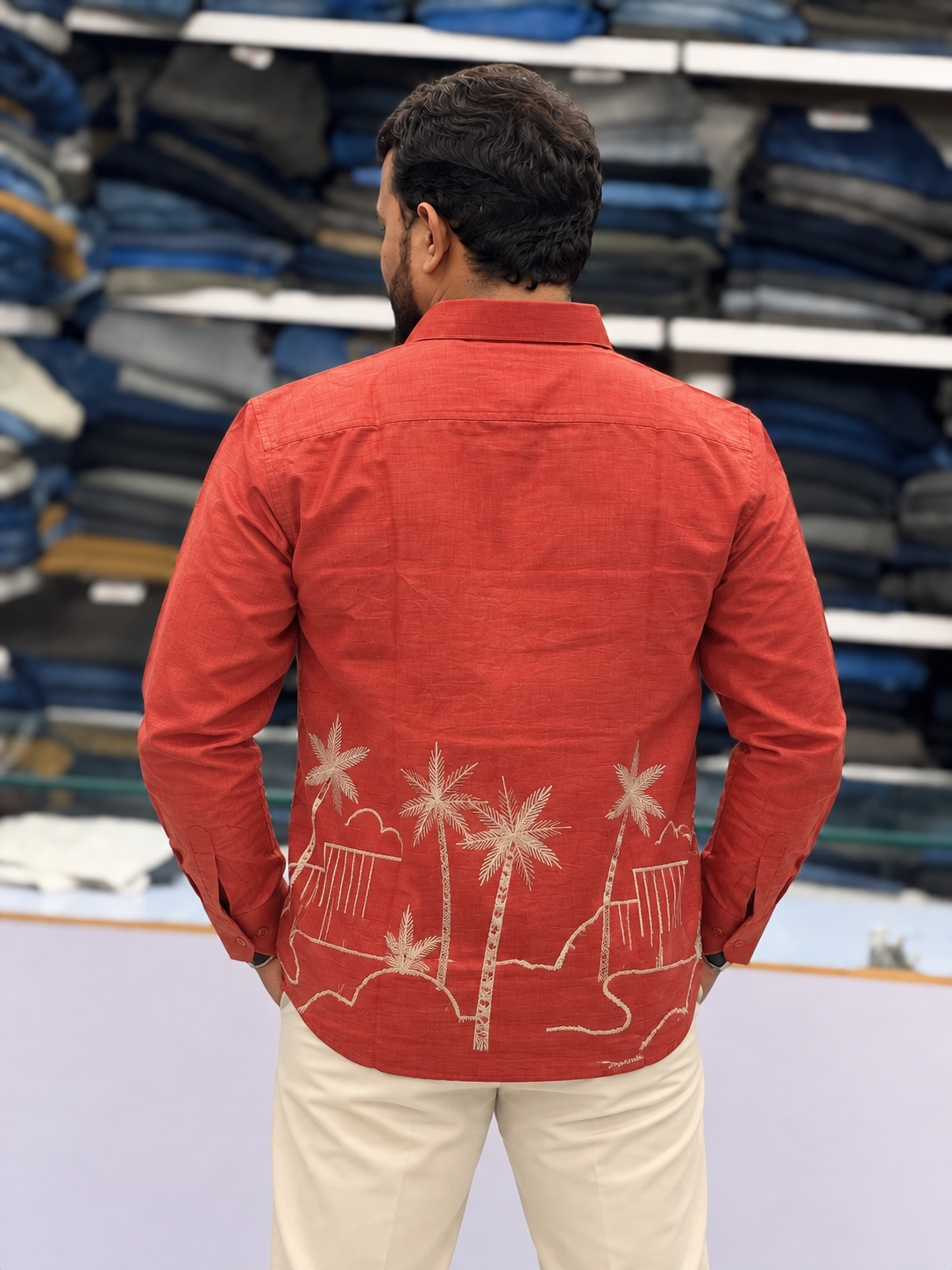Men’s Coral Orange Tropical Palm Embroidered Kurta Shirt | Modern Resort-Inspired Ethnic Wear
