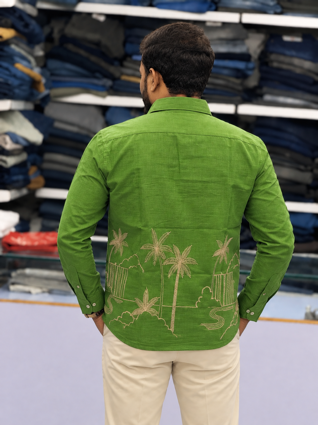 Men’s Leaf Green Tropical Landscape Embroidered Kurta | Contemporary Festive Shirt Style