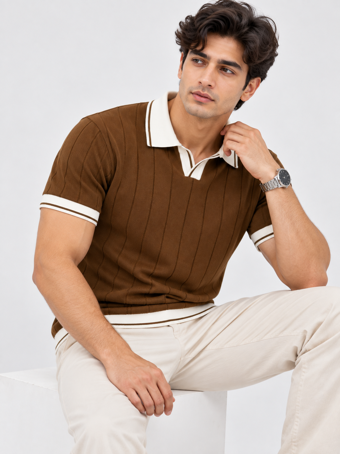 Cocoa Royale Textured Contrast Polo T-Shirt for Men