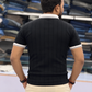 Men's Premium Black Ribbed Polo T-Shirt with White Contrast Collar and Sleeve Details