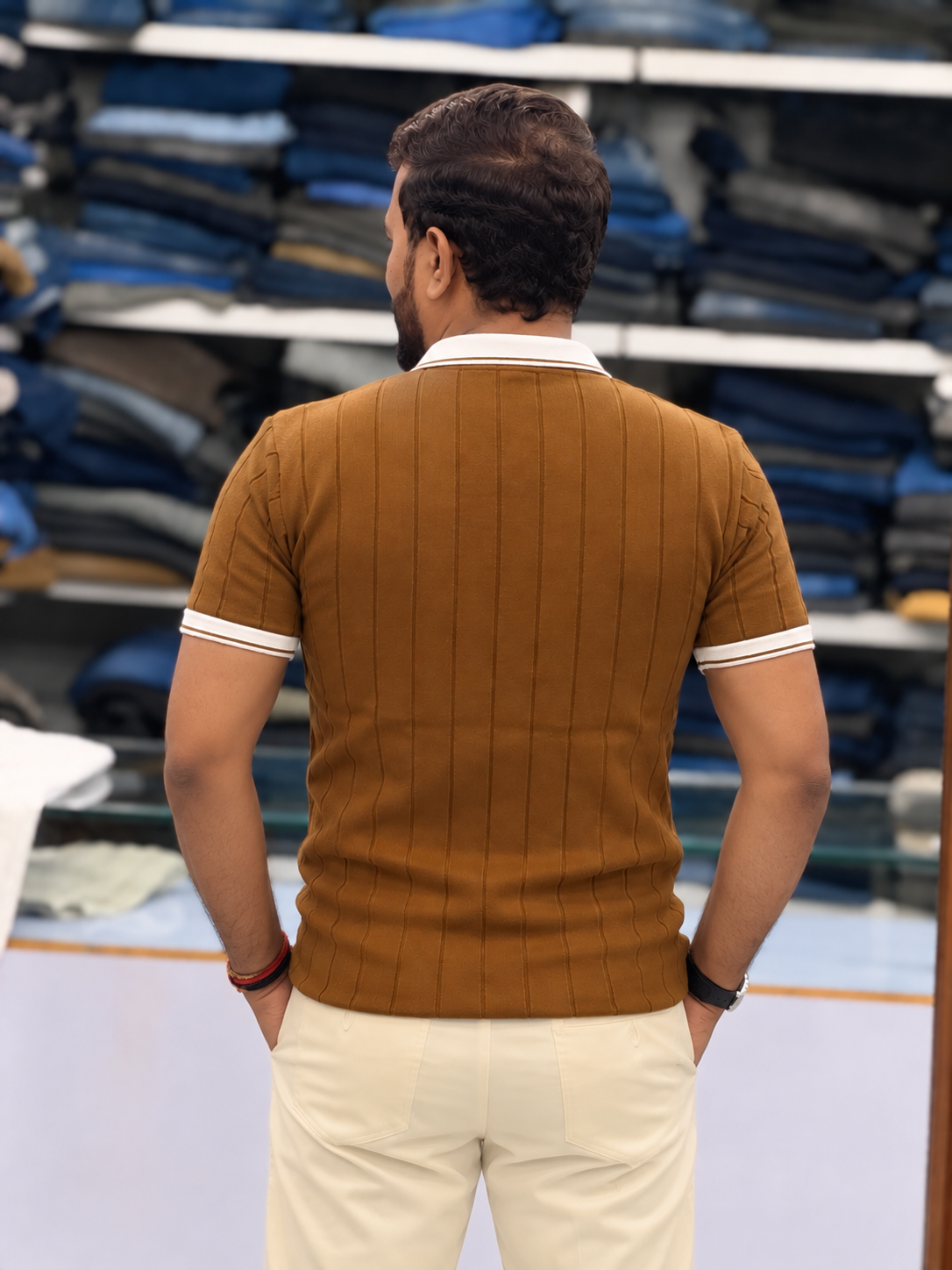 Men's Premium Brown Ribbed Polo T-Shirt with White Contrast Collar and Sleeve Details