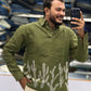 Men’s Olive Green Cactus Embroidered Slub Kurta Shirt | Textured Festive Ethnic Wear