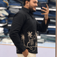 Men’s Midnight Black Tropical Palm Embroidered Kurta | Bold Contemporary Ethnic Wear