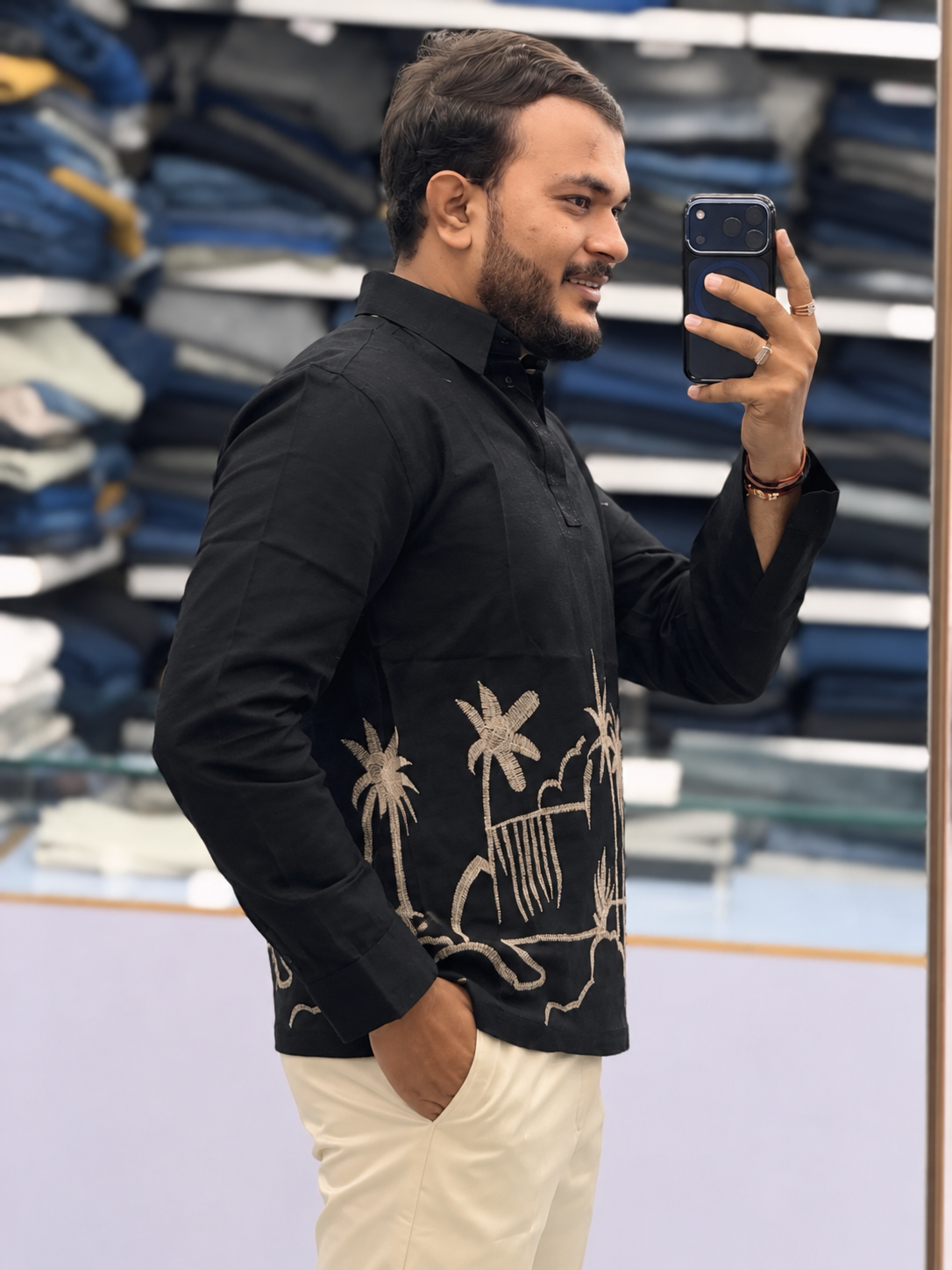Men’s Midnight Black Tropical Palm Embroidered Kurta | Bold Contemporary Ethnic Wear