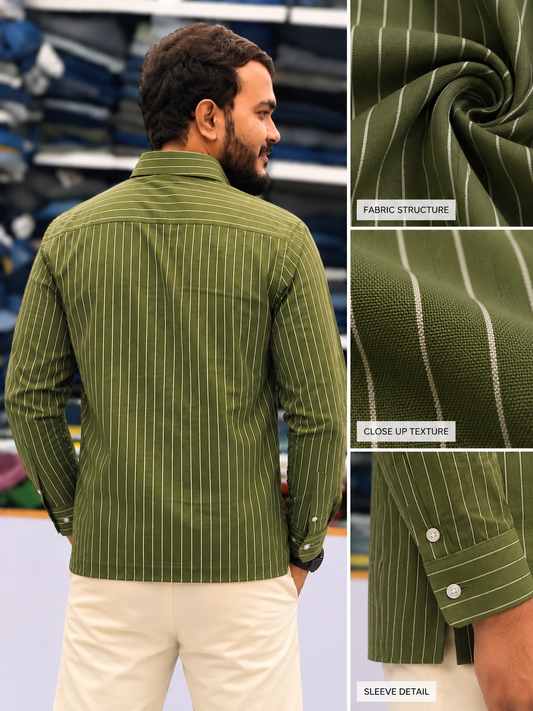 Men's Olive Green Striped Kurta Shirt – Stylish Full Sleeve Ethnic Casual Wear