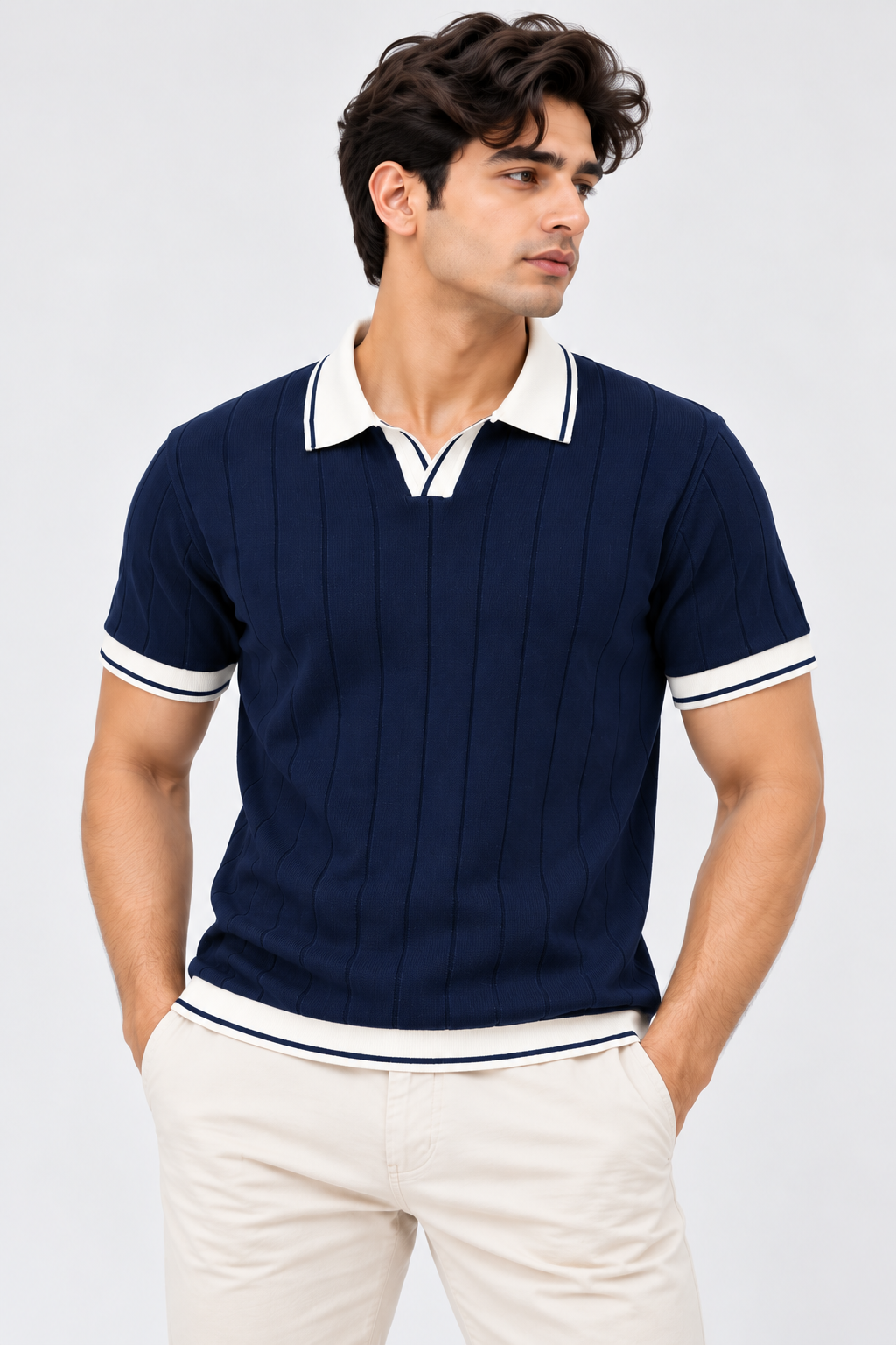 Midnight Crest Textured Contrast Polo T-Shirt for Men