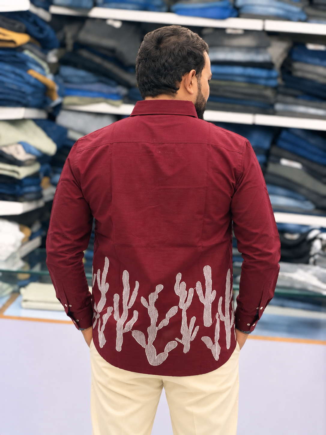 Men’s Wine Maroon Cactus Art Embroidered Kurta | Contemporary Designer Ethnic Shirt