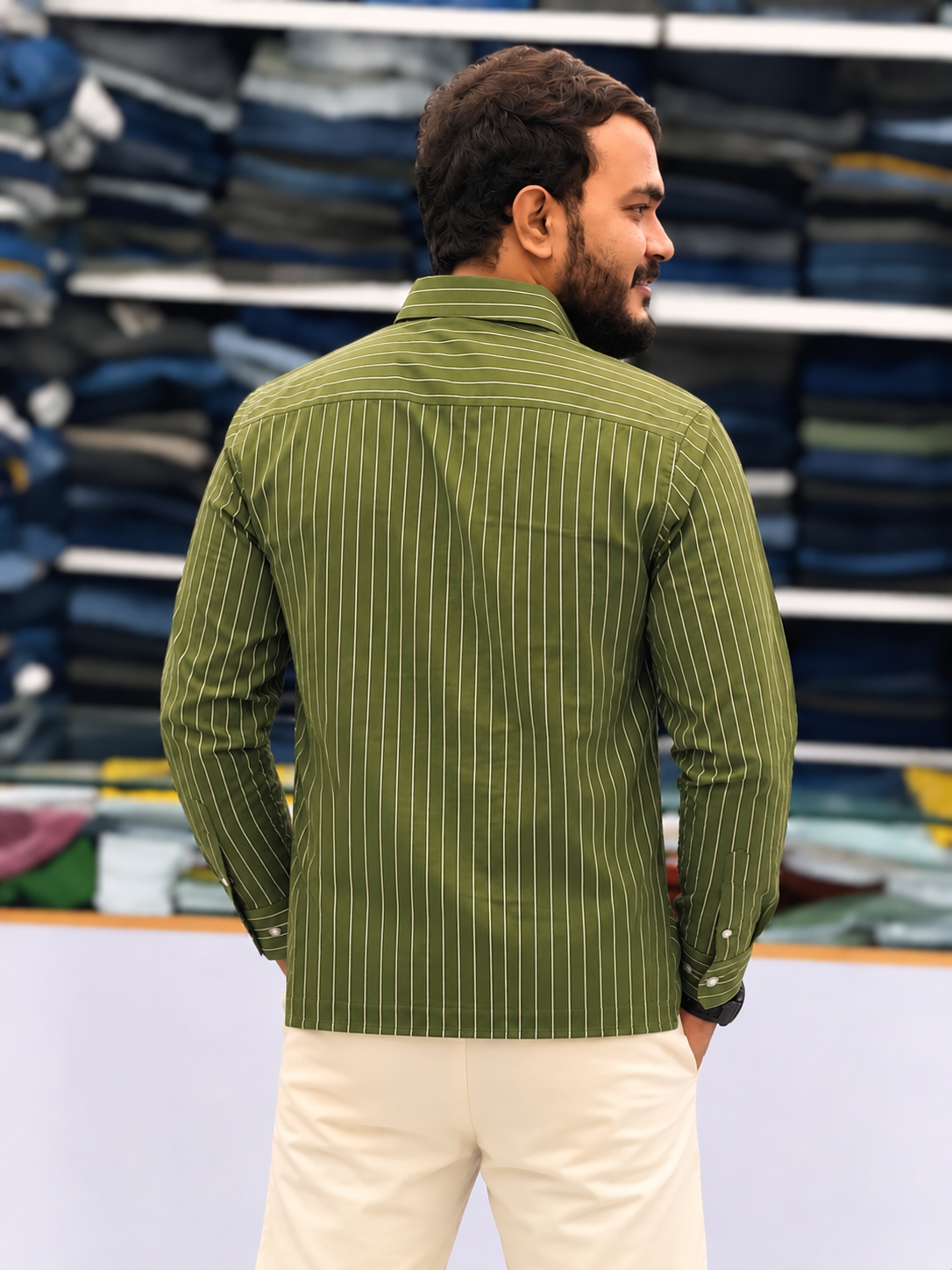 Men's Olive Green Striped Kurta Shirt – Stylish Full Sleeve Ethnic Casual Wear