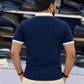 Men's Premium Navy Blue Ribbed Polo T-Shirt with White Contrast Collar and Sleeve Details