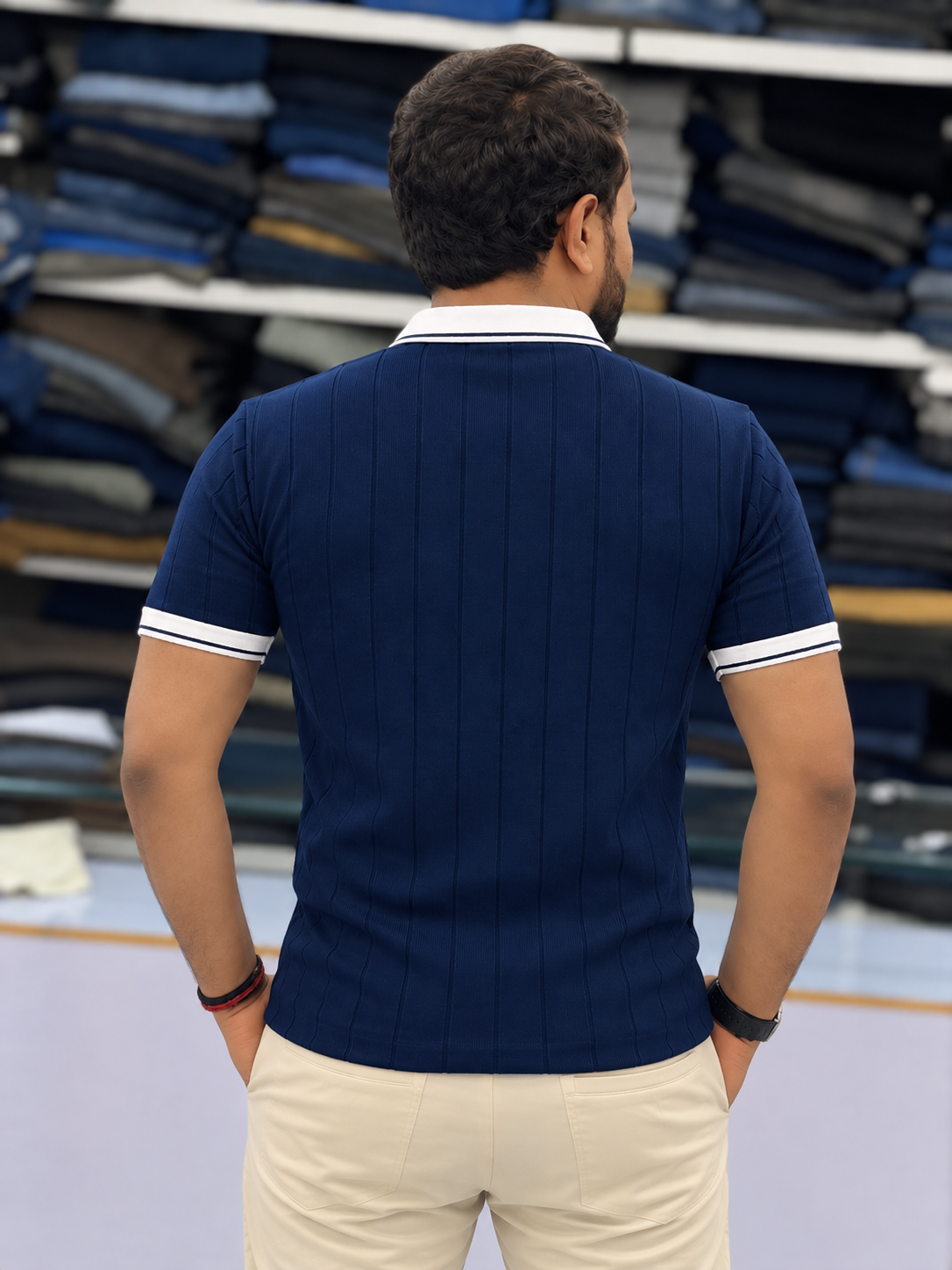 Men's Premium Navy Blue Ribbed Polo T-Shirt with White Contrast Collar and Sleeve Details