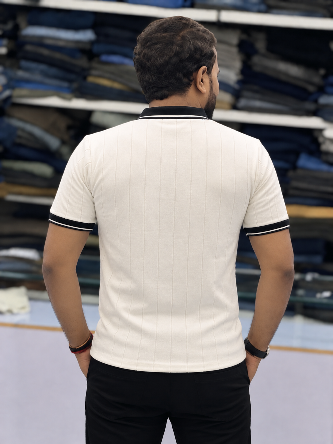 Men's Premium Cream Textured Polo T-Shirt with Black Collar and Striped Details