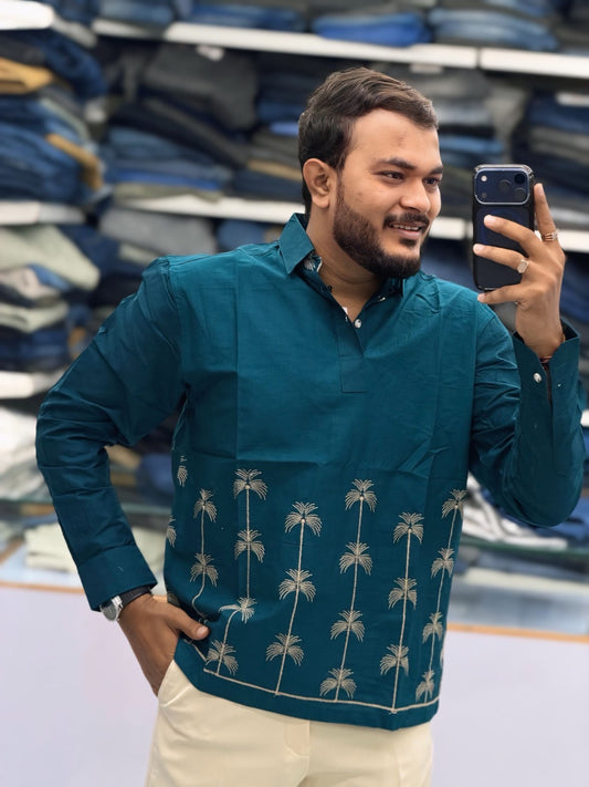 Men’s Teal Blue Palm Embroidered Kurta Shirt | Modern Resort-Inspired Ethnic Wear