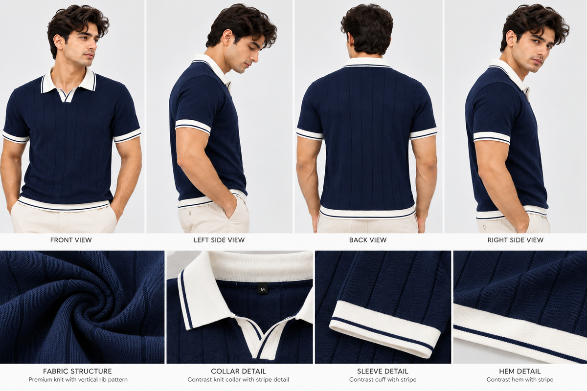 Midnight Crest Textured Contrast Polo T-Shirt for Men