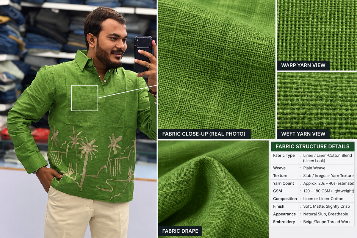 Men’s Leaf Green Tropical Landscape Embroidered Kurta | Contemporary Festive Shirt Style