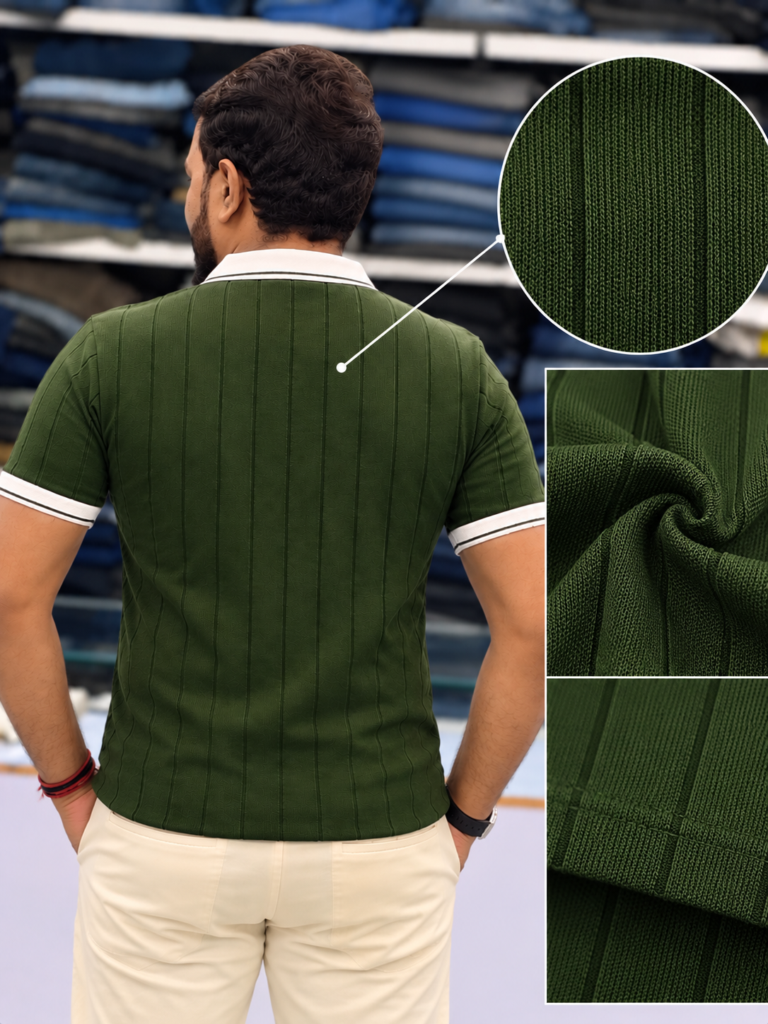 Men's Premium Olive Green Ribbed Polo T-Shirt with White Contrast Collar and Sleeve Details