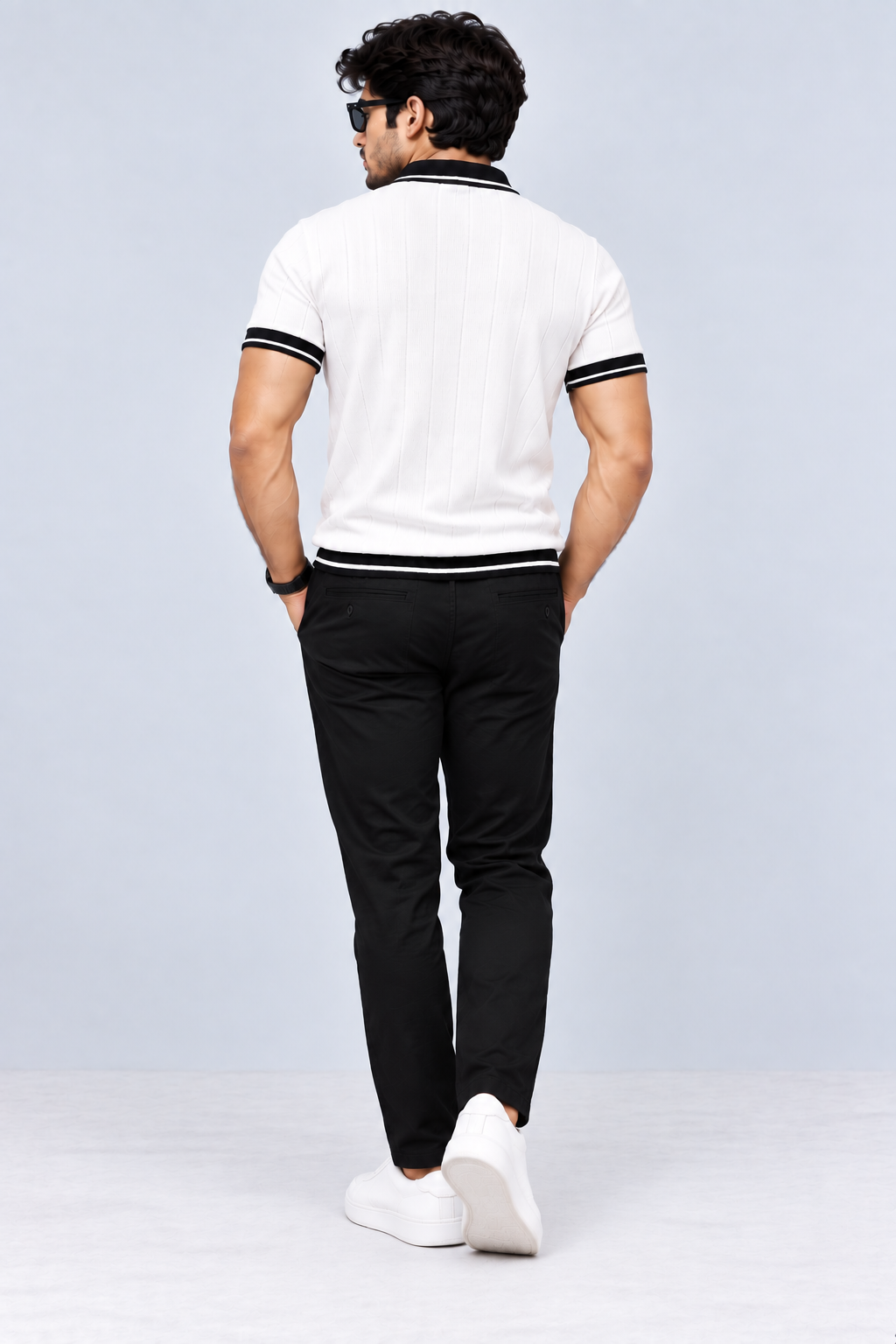 Men's Premium White Textured Polo T-Shirt with Black Collar & Contrast Trim