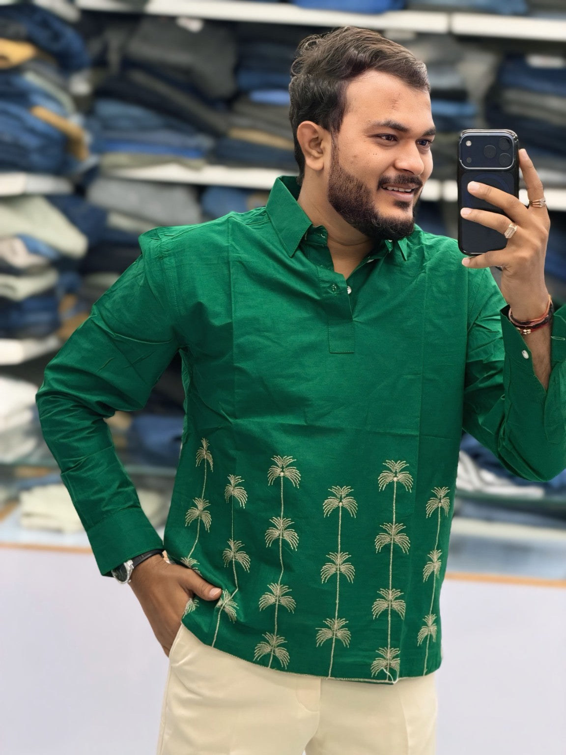Men’s Emerald Green Palm Embroidered Kurta Shirt | Premium Festive Ethnic Wear