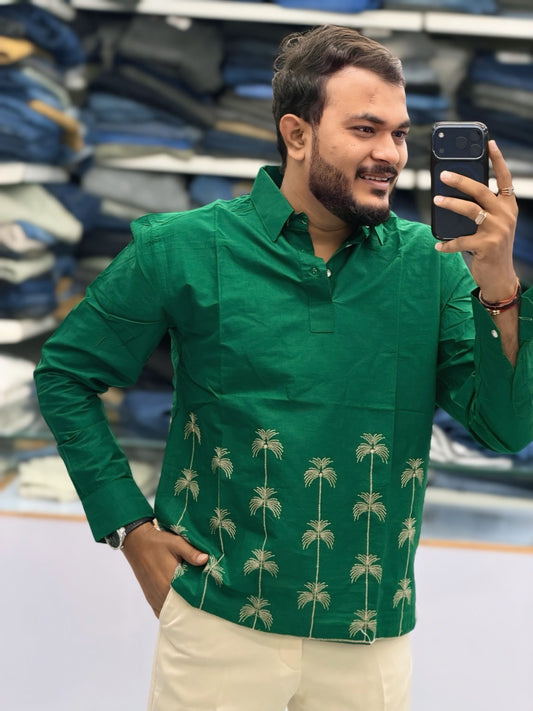 Men’s Emerald Green Palm Embroidered Kurta Shirt | Premium Festive Ethnic Wear