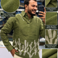 Men’s Olive Green Cactus Embroidered Slub Kurta Shirt | Textured Festive Ethnic Wear