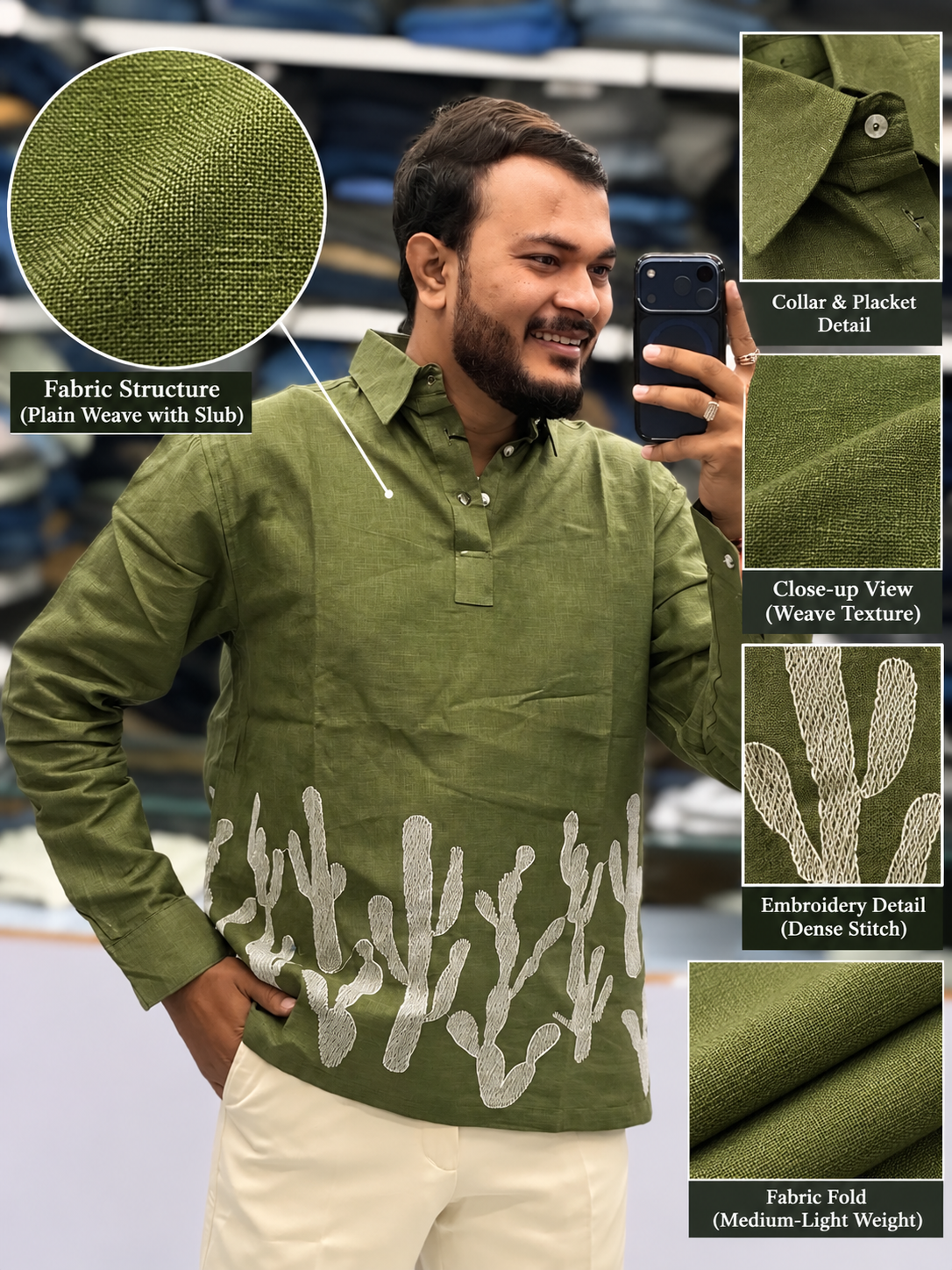 Men’s Olive Green Cactus Embroidered Slub Kurta Shirt | Textured Festive Ethnic Wear
