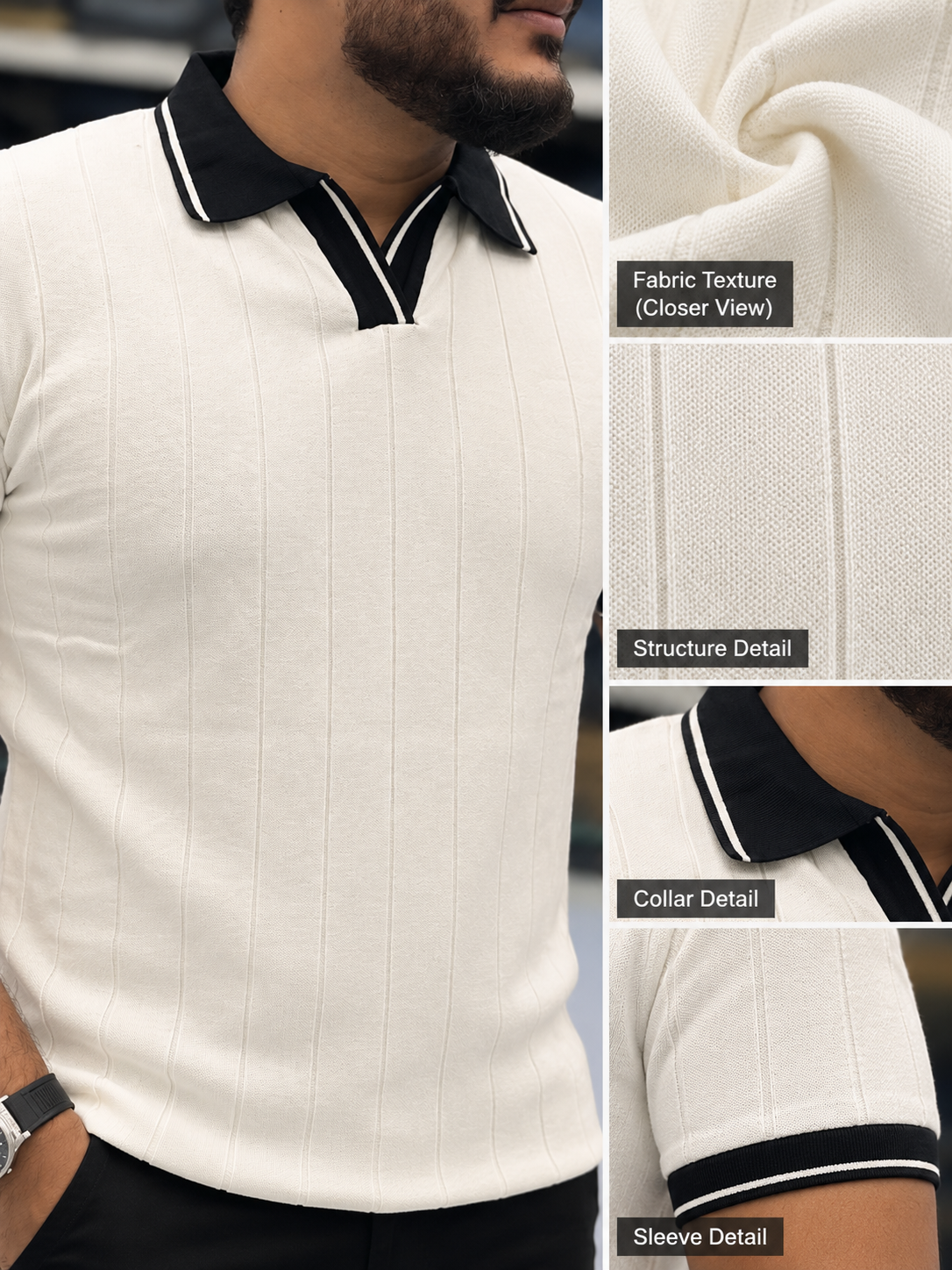 Men's Premium Cream Textured Polo T-Shirt with Black Collar and Striped Details