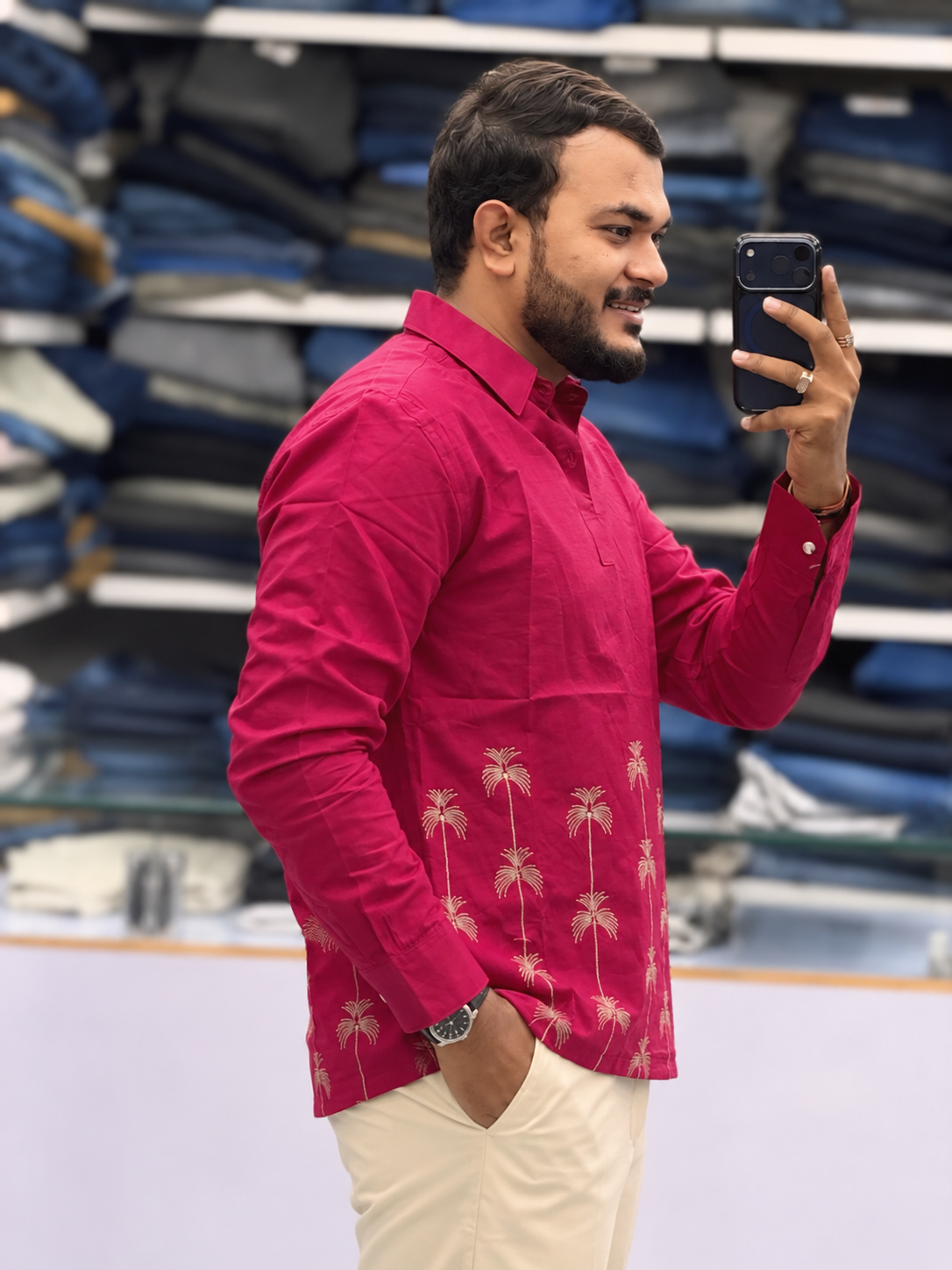 Men’s Wine Pink Palm Tree Embroidered Kurta | Contemporary Festive Wear for Men
