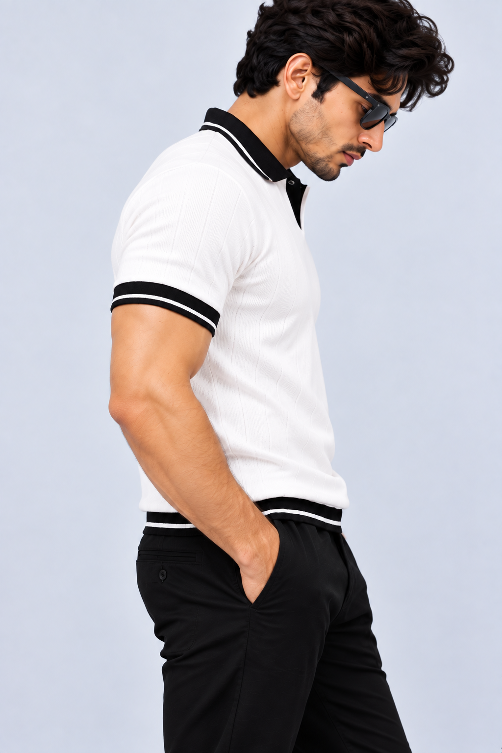 Men's Premium White Textured Polo T-Shirt with Black Collar & Contrast Trim