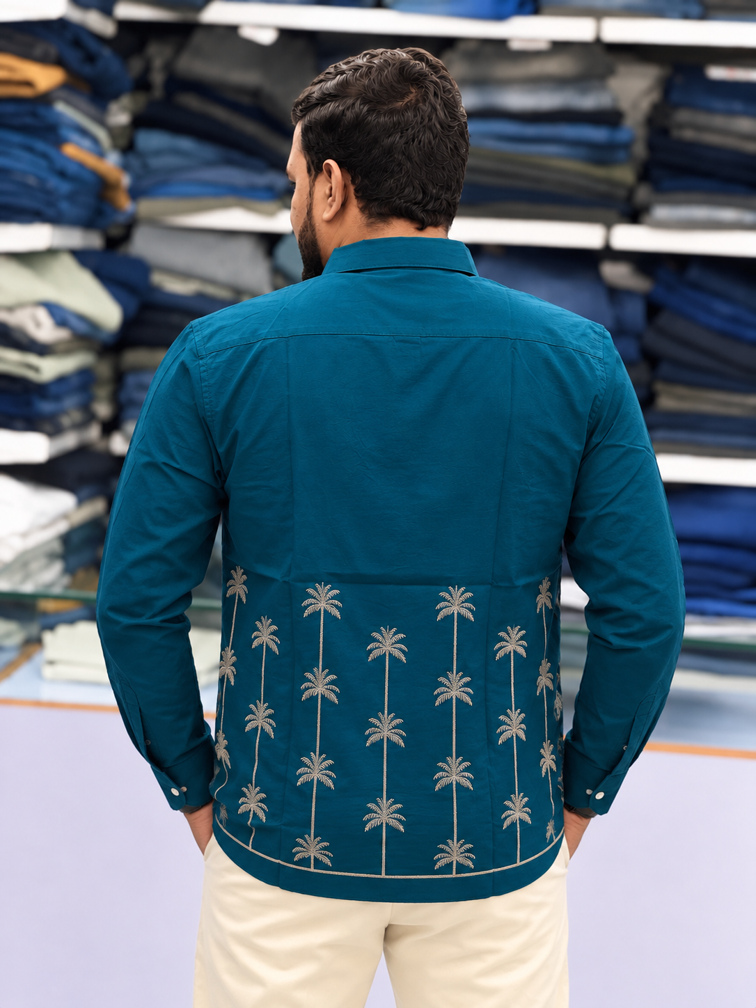 Men’s Teal Blue Palm Embroidered Kurta Shirt | Modern Resort-Inspired Ethnic Wear