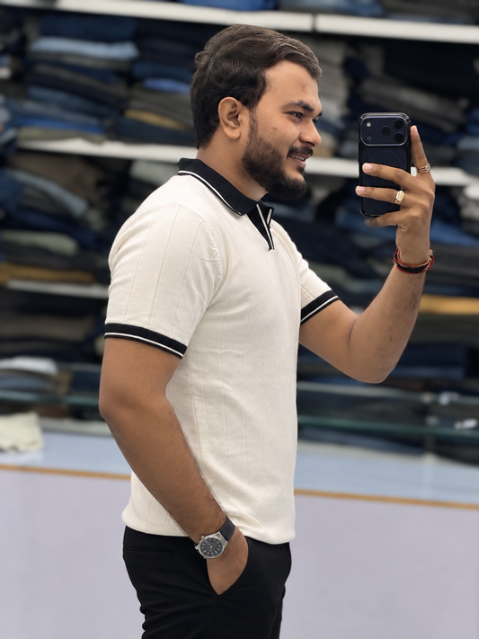 Men's Premium Cream Textured Polo T-Shirt with Black Collar and Striped Details