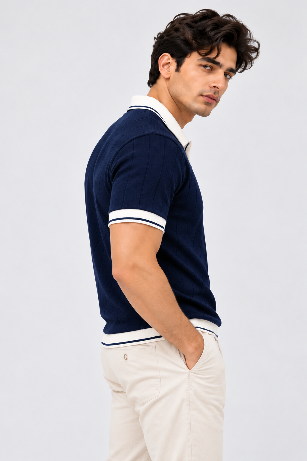 Midnight Crest Textured Contrast Polo T-Shirt for Men