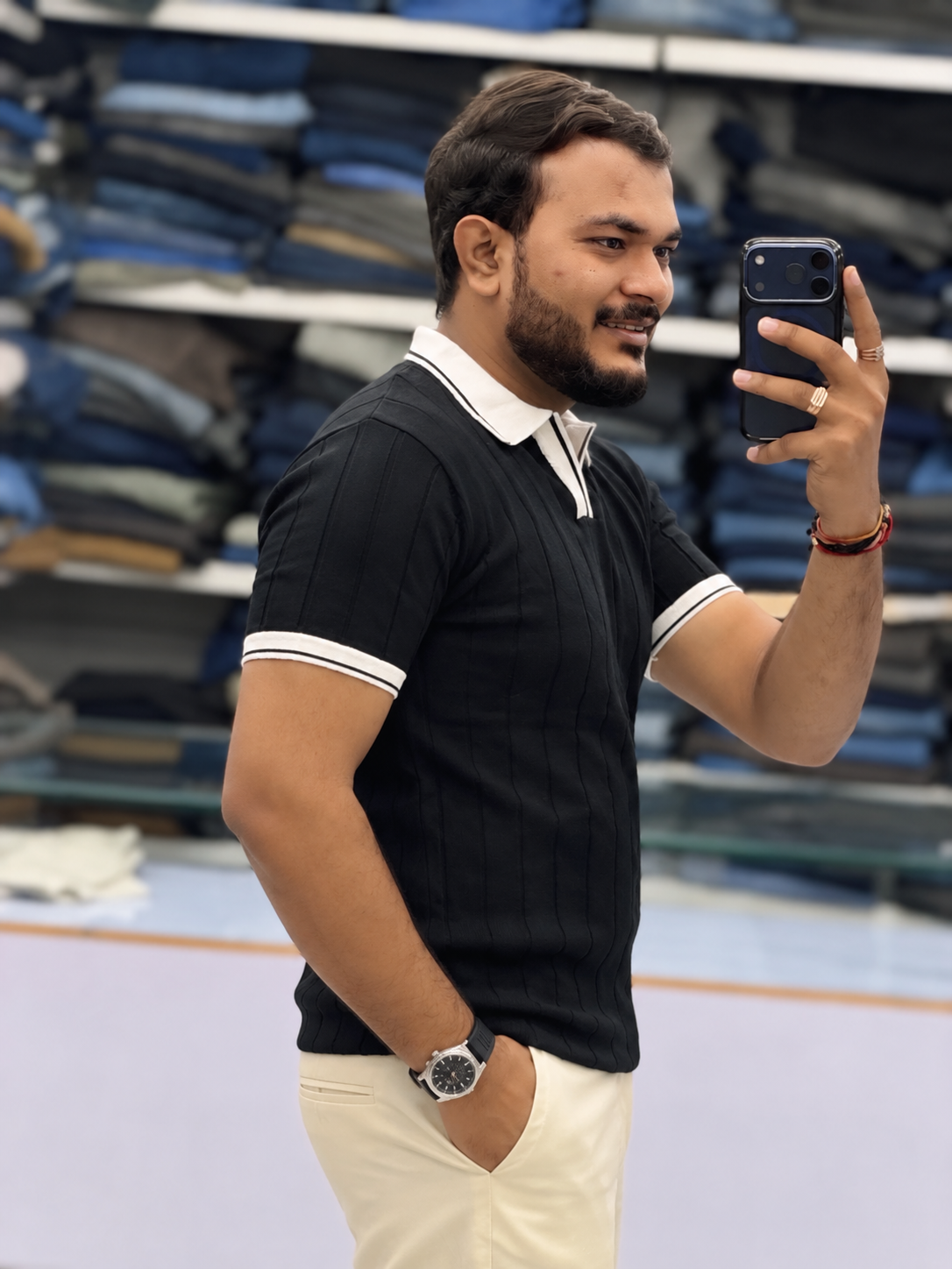 Men's Premium Black Ribbed Polo T-Shirt with White Contrast Collar and Sleeve Details