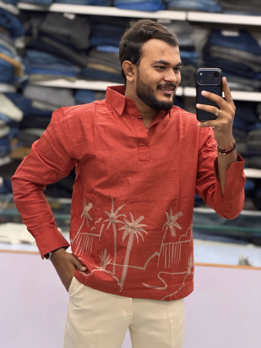 Men’s Coral Orange Tropical Palm Embroidered Kurta Shirt | Modern Resort-Inspired Ethnic Wear