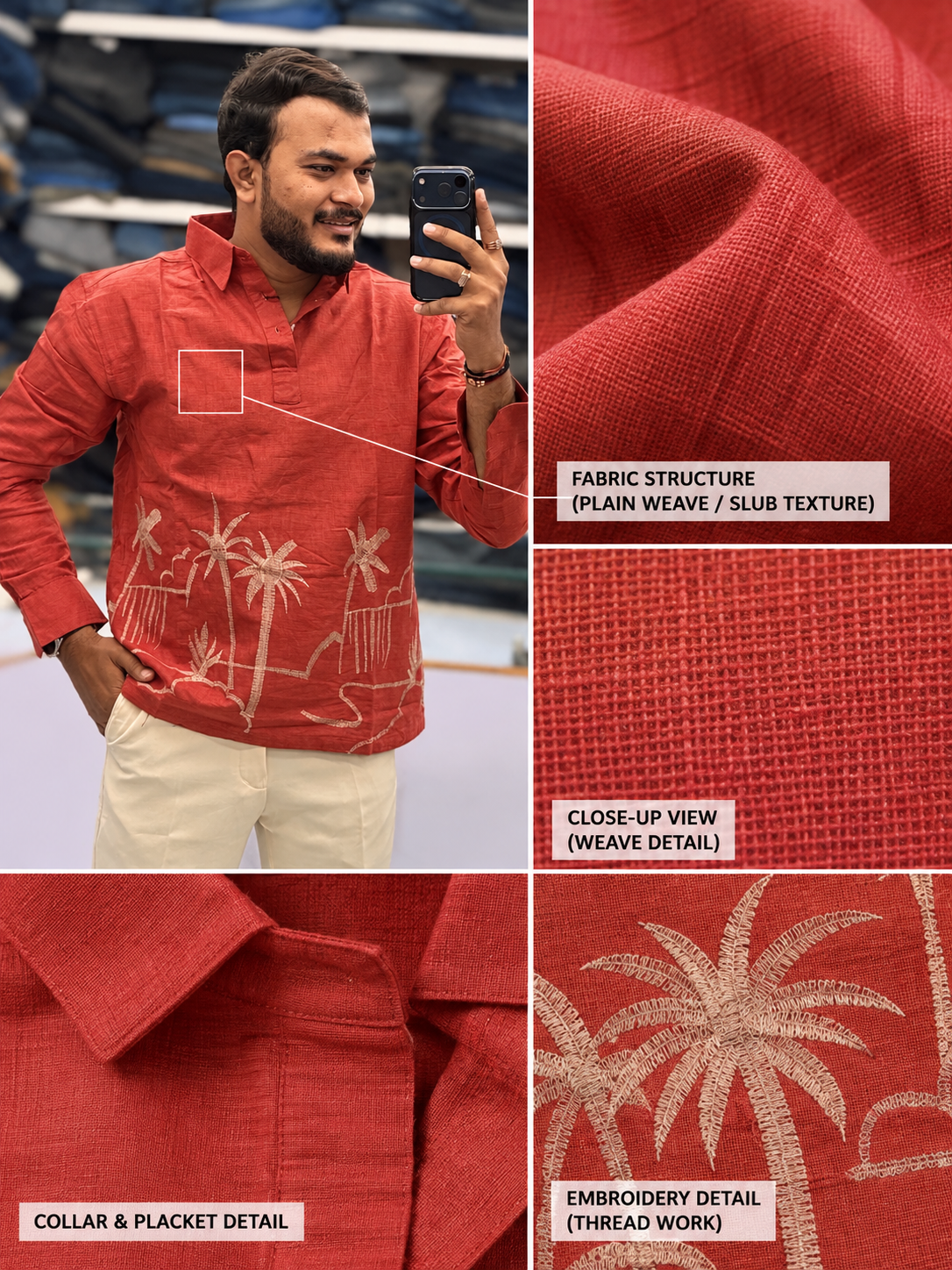 Men’s Coral Orange Tropical Palm Embroidered Kurta Shirt | Modern Resort-Inspired Ethnic Wear