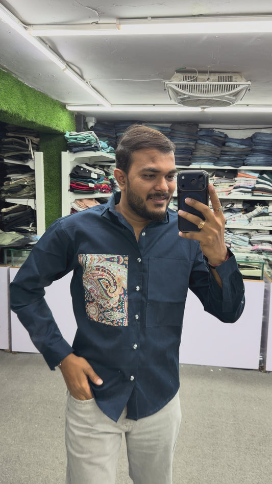 Men’s Navy Blue Cotton Shirt with Paisley Print Pocket