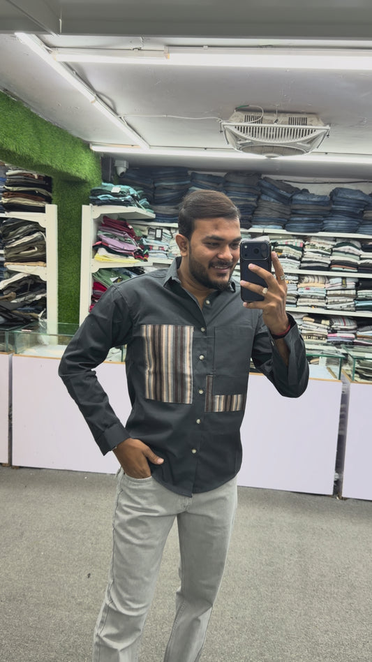 Men’s Dark Grey Casual Cotton Shirt with Striped Contrast Panels – Stylish Designer Shirt