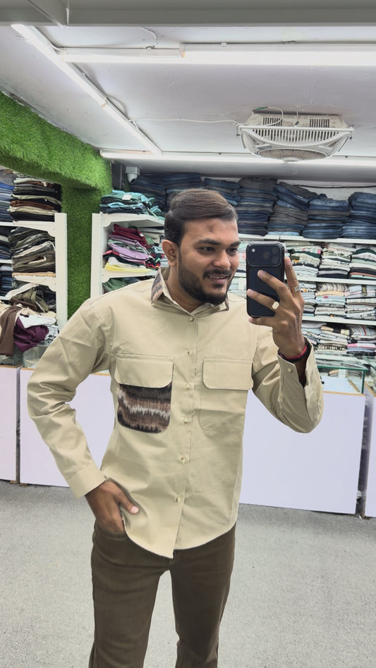 Men’s Beige Casual Cotton Shirt with Contrast Designer Pocket – Premium Smart Casual Shirt
