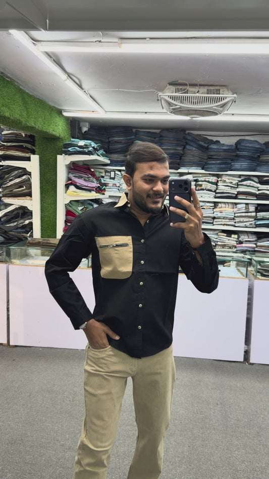 Men’s Black Casual Cotton Shirt with Beige Contrast Zipper Pocket – Stylish Designer Shirt