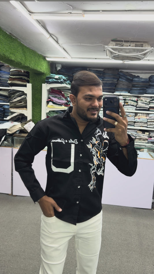 Men’s Black Floral Graphic Print Shirt with Contrast Pocket – Stylish Casual Designer Shirt