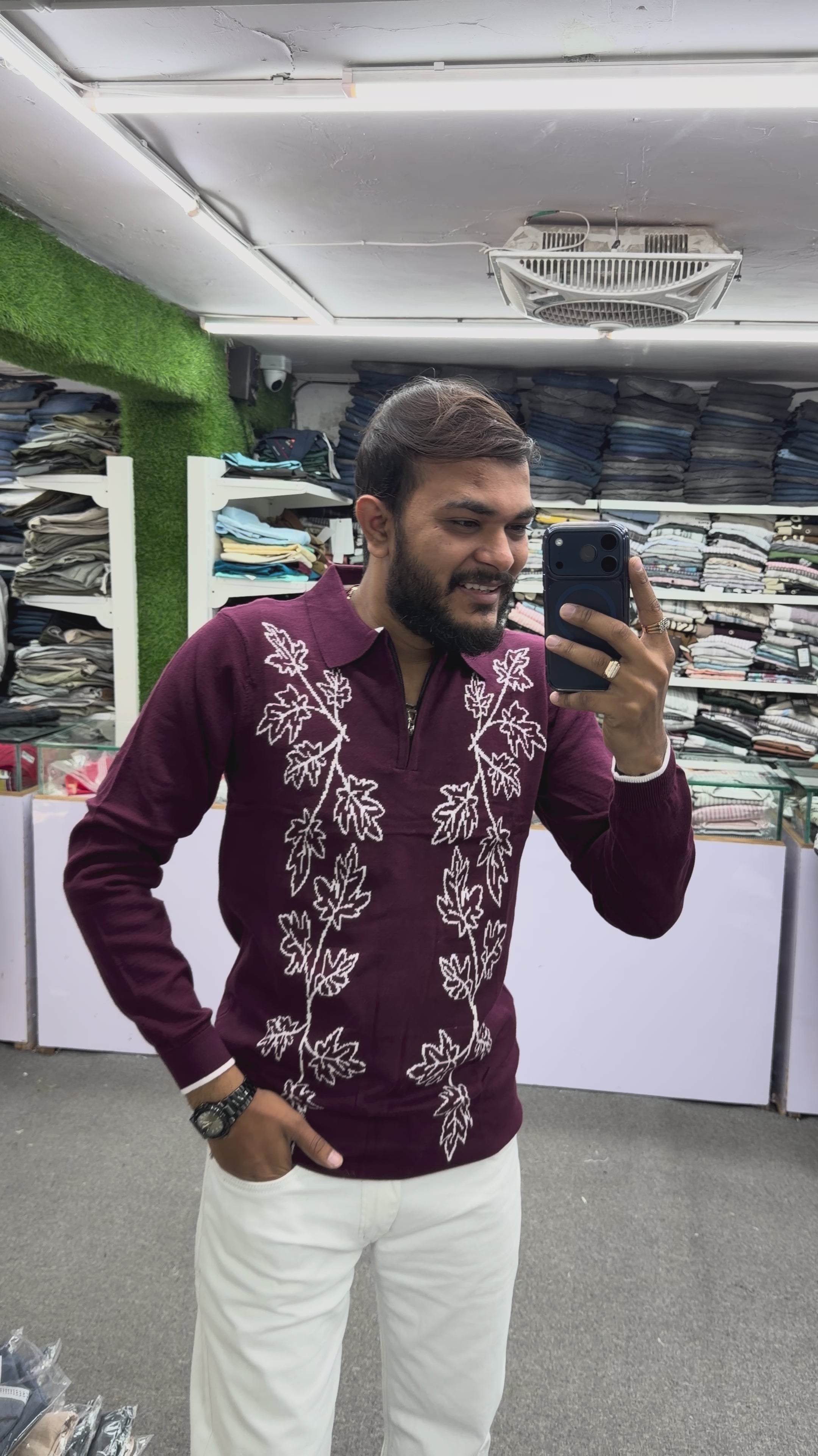 Premium Maroon Leaf Embroidery Winter Sweater