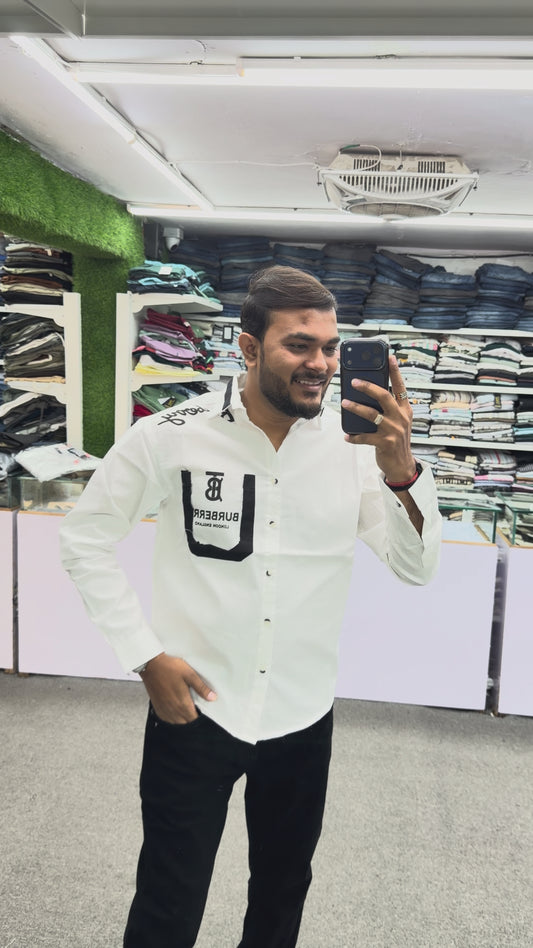 Men’s White Graphic Print Shirt with Contrast Pocket – Stylish Street Style Cotton Shirt