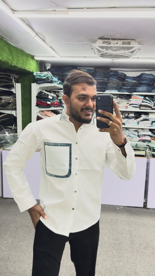 Men’s White Cotton Shirt with Contrast Plaid Pocket – Premium Casual Designer Shirt