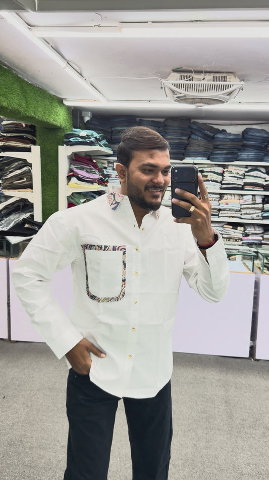 Men’s White Cotton Shirt with Paisley Contrast Pocket – Premium Stylish Casual Shirt