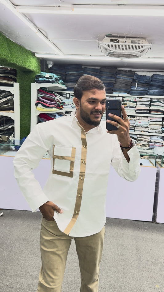 Men’s White Casual Cotton Shirt with Contrast Beige Placket & Designer Pocket – Premium Stylish Shirt