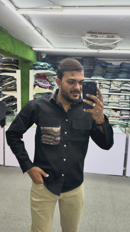 Men’s Black Casual Cotton Shirt with Contrast Printed Pocket – Modern Designer Shirt