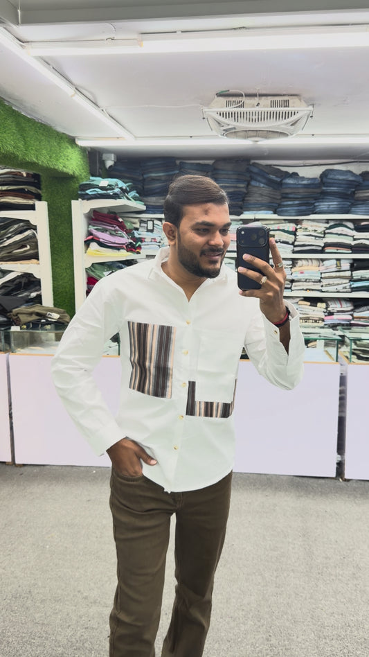 Men’s White Casual Cotton Shirt with Striped Designer Panels Shirts