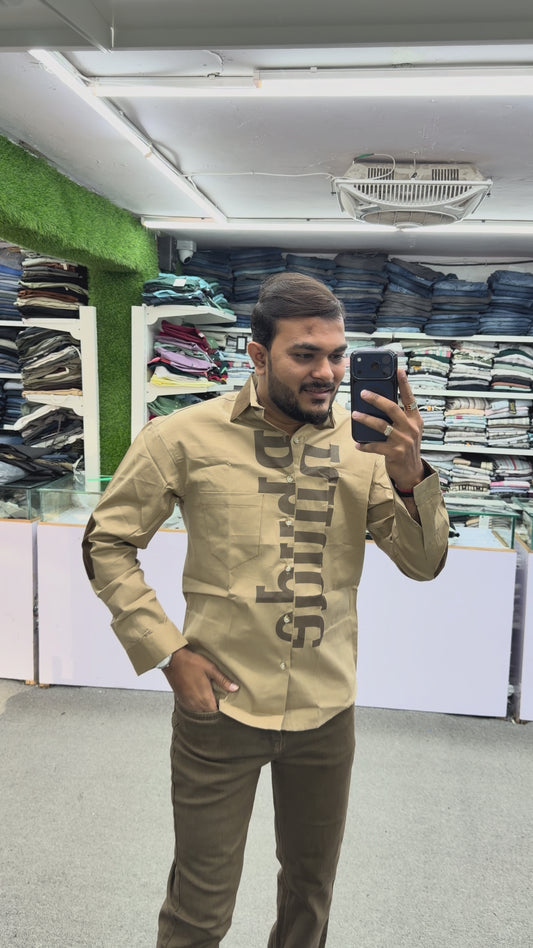 Men’s Khaki Casual Cotton Shirt with Bold Typography Print – Trendy Street Style Designer Shirt